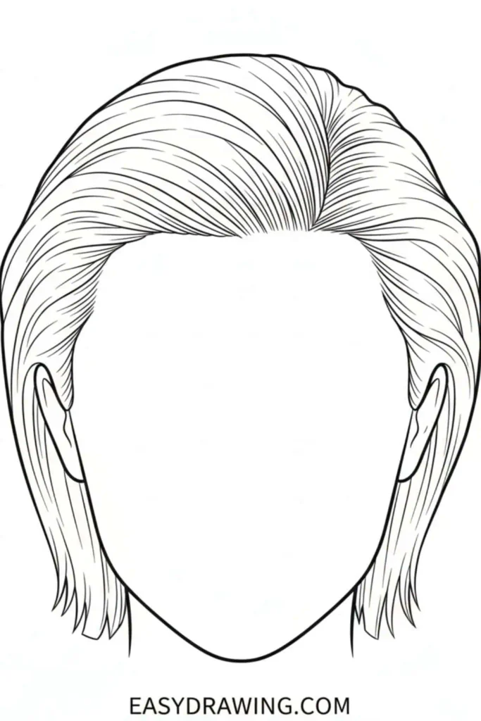 Slicked back hair drawing with smooth layered strands and short sides in a clean beginner friendly outline style