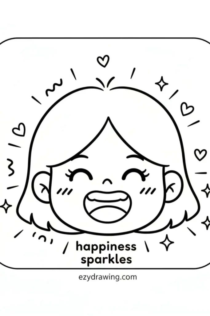 Cheerful portrait drawing of a smiling girl with hearts, sparkles, and joyful doodles around her plus the text happiness sparkles and ezydrawing.com
