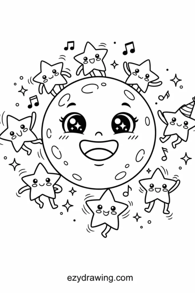Happy moon with big sparkling eyes surrounded by dancing kawaii stars, music notes, and tiny sparkles in cute party style, ezydrawing.com text below