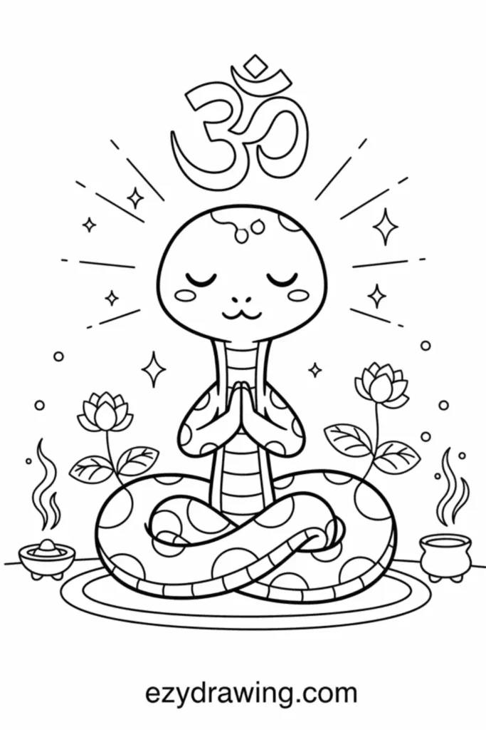 Meditating snake in yoga pose with Om symbol, lotus flowers and incense, coloring page, ezydrawing.com