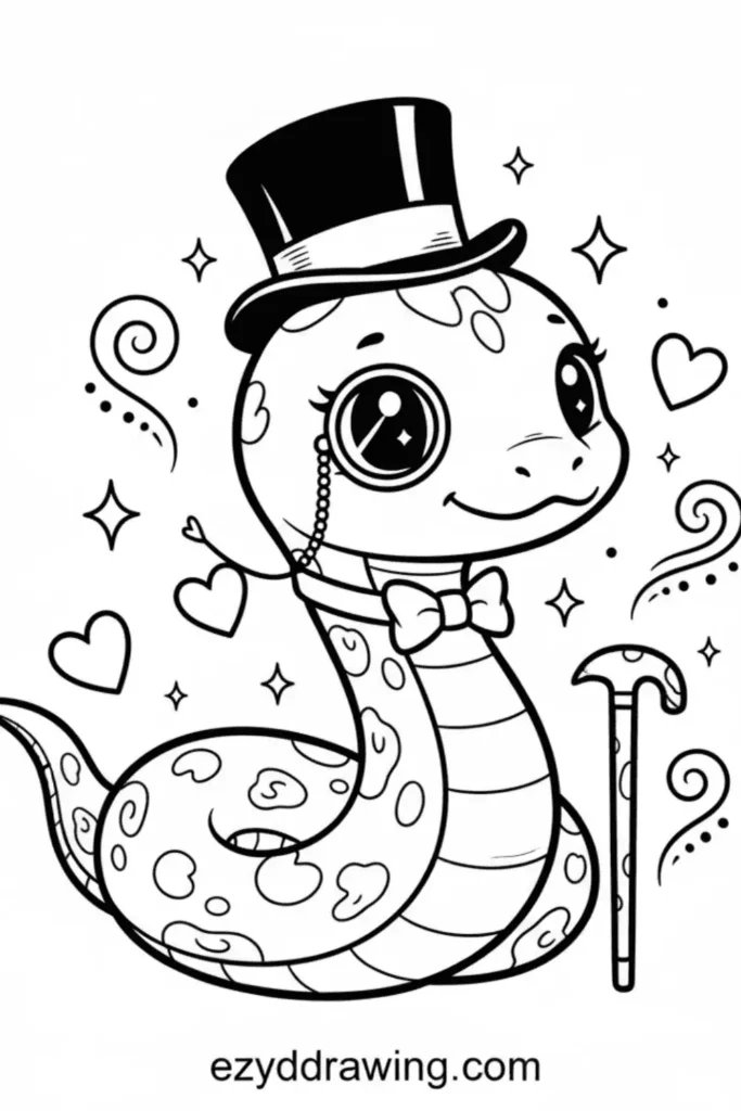 Cute fancy snake with top hat, monocle, bow tie and cane, surrounded by hearts and sparkles, ezydrawing.com