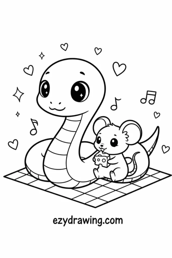 Cute snake and mouse friends on picnic mat, mouse holds cheese, hearts and music notes, ezydrawing.com