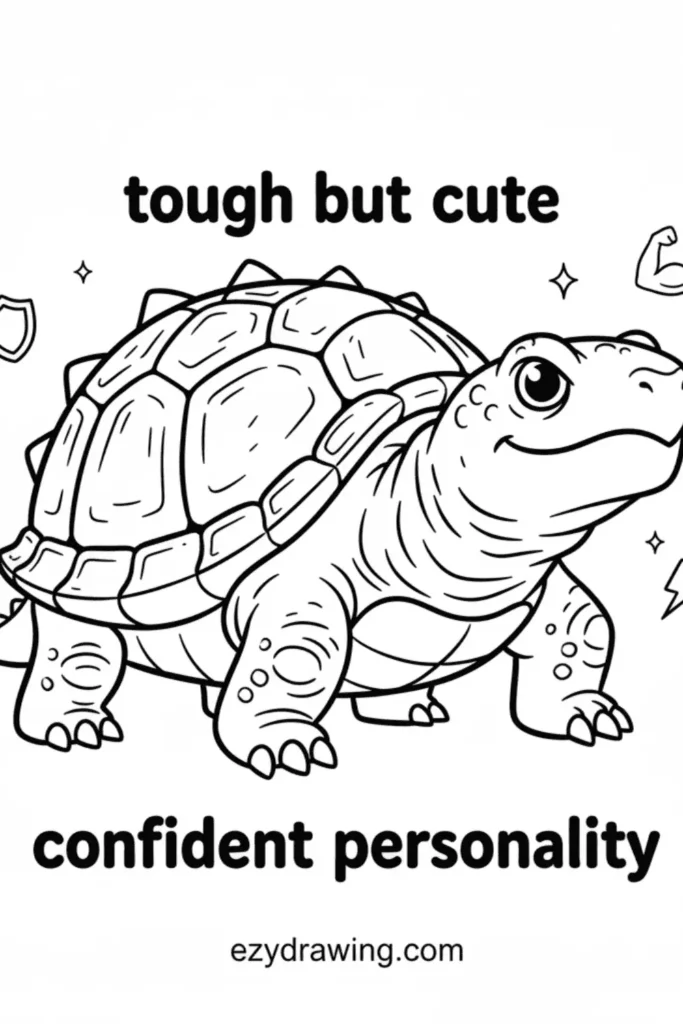 Strong confident turtle with tough shell, bold stance, cute expression, and simple sparkles and icons in ezydrawing com style
