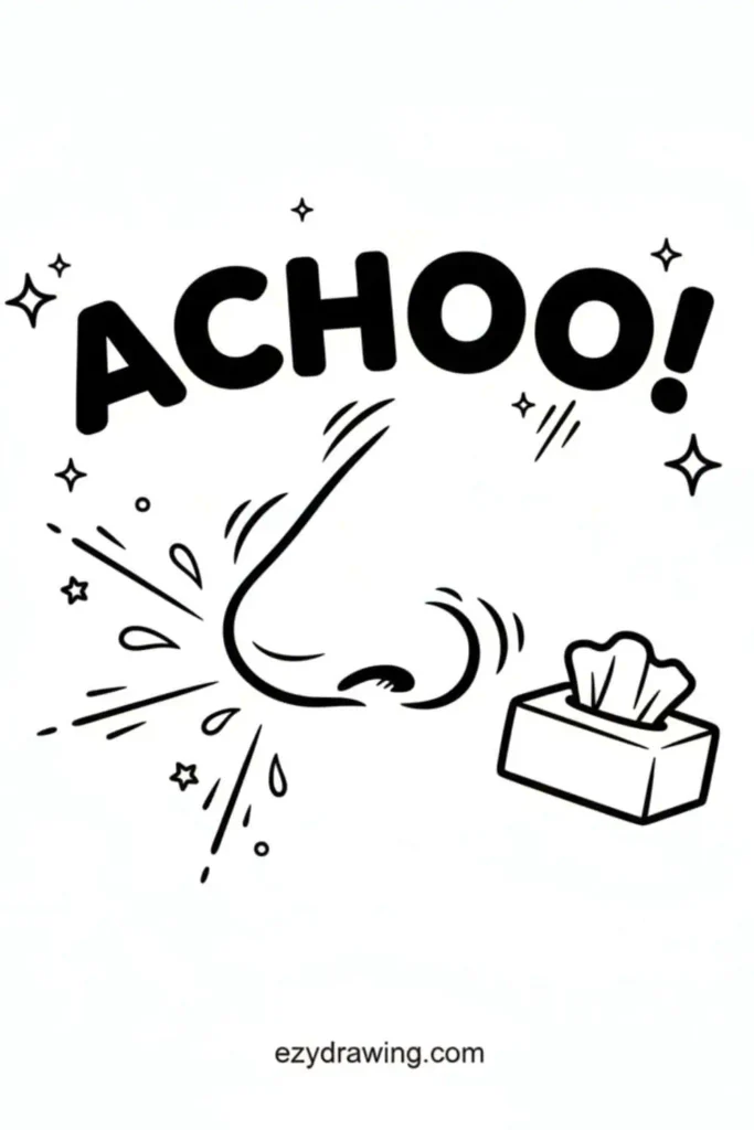 Sneezing nose drawing with the word ACHOO above it, motion lines, droplets, sparkles, and a tissue box on the side