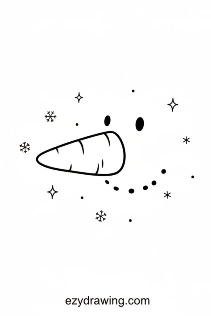 Snowman face drawing with a long carrot nose, coal dot smile, simple eyes, snowflakes, dots, and sparkly accents.