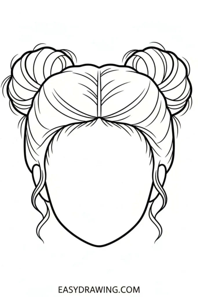 Cute space buns hair drawing with two round buns and loose wavy strands in a simple beginner friendly outline