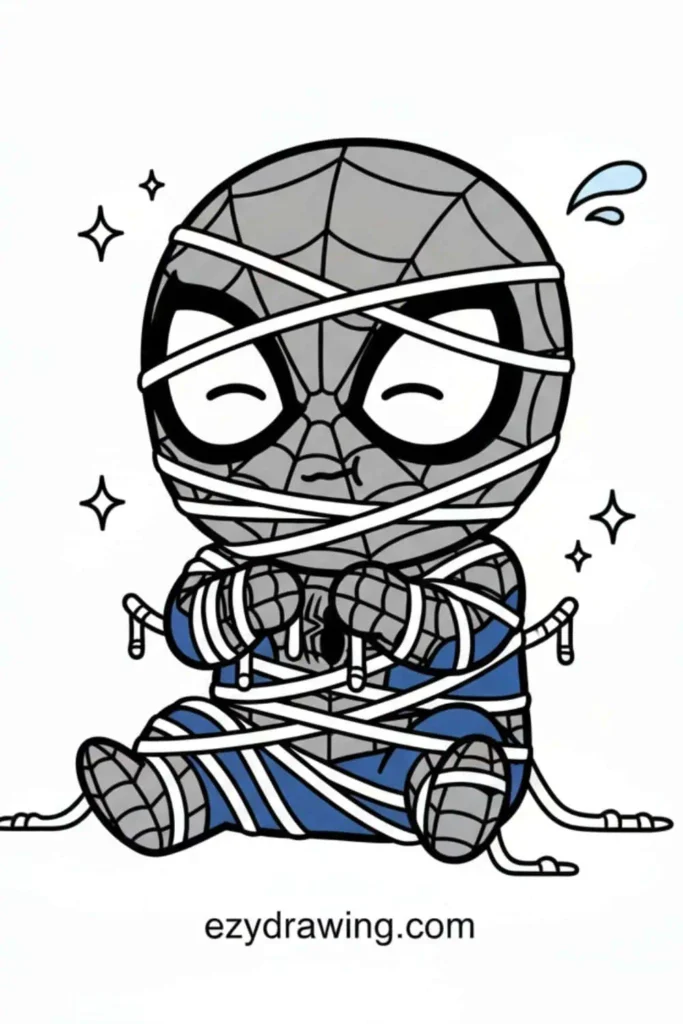 Adorable chibi Spider-Man tangled in his own web strings, sitting with a shy expression and sparkles around from ezydrawing.com