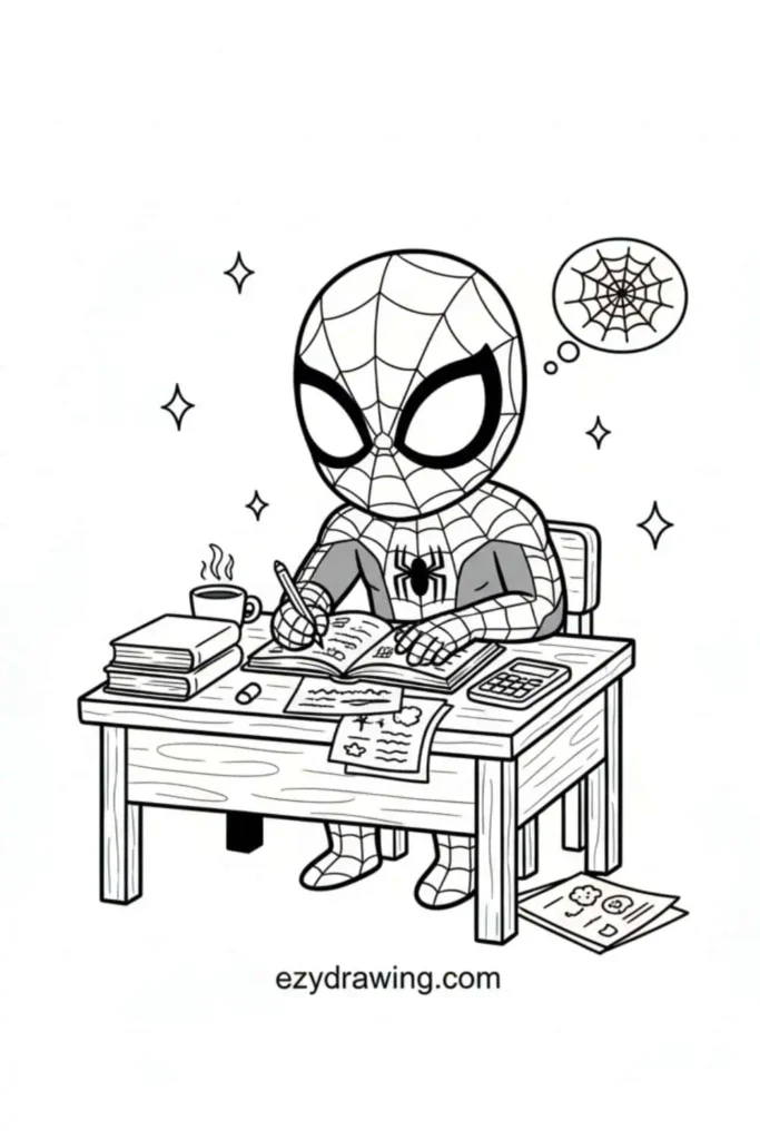 Cute Spider-Man drawing sitting at a desk doing homework with books, coffee, and a web thought bubble from ezydrawing.com