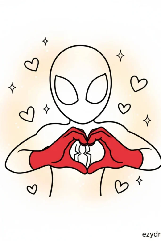 Cute Spider-Man drawing making a heart hand sign with red gloves surrounded by hearts and sparkles from ezydrawing.com