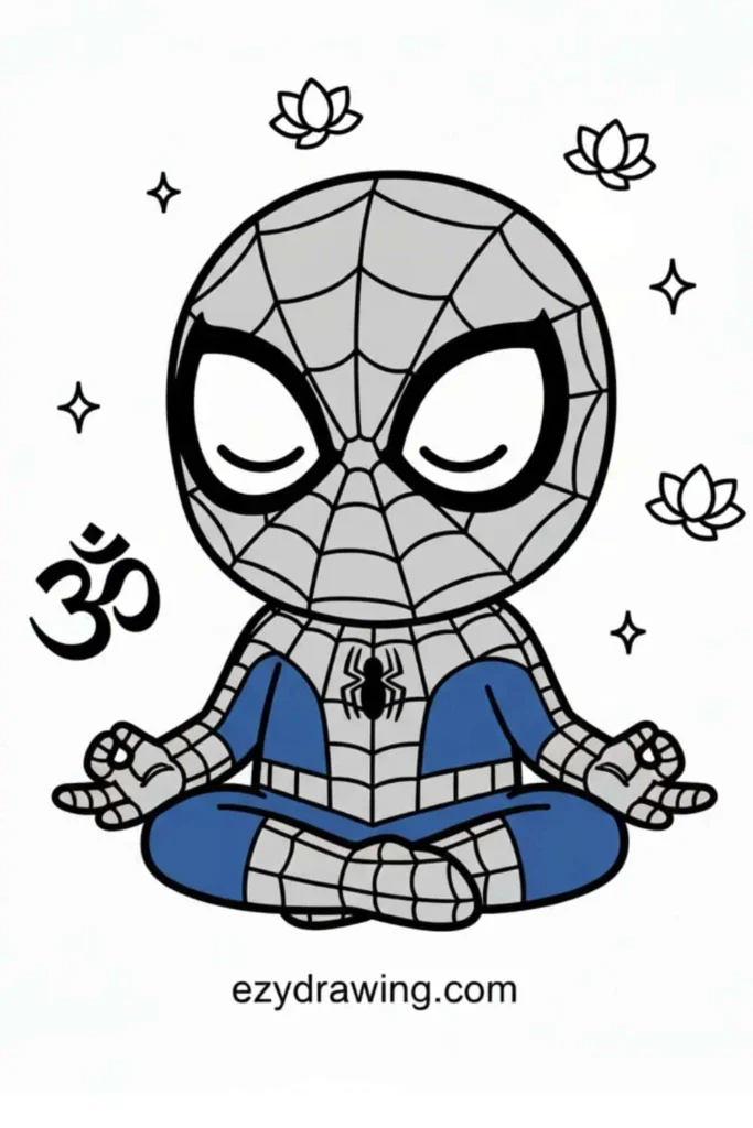 Cute chibi Spider-Man sitting cross-legged in a meditating pose with lotus flowers and calm expression from ezydrawing.com