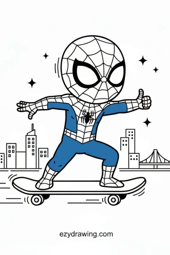 Cute Spider-Man drawing riding a skateboard with a thumbs-up pose and city skyline background from ezydrawing.com