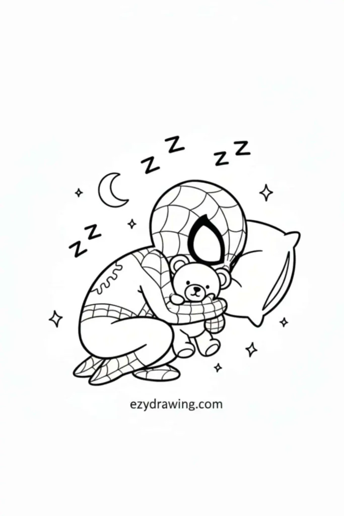Adorable Spider-Man drawing sleeping with a teddy bear and pillow under a crescent moon and stars from ezydrawing.com