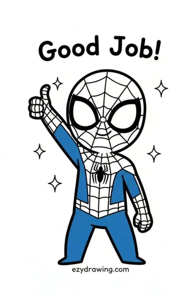 Cute Spider-Man drawing giving a thumbs up with the text “Good Job!” and sparkles around from ezydrawing.com