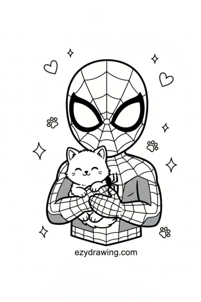 Adorable Spider-Man drawing hugging a cute smiling cat with hearts, paw prints, and sparkles around from ezydrawing.com