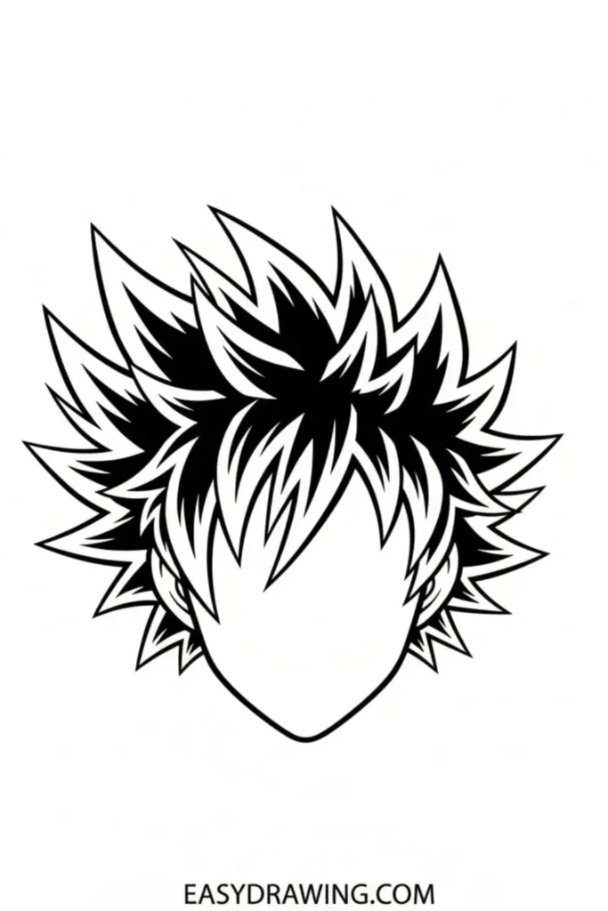 Spiky anime hair drawing with bold sharp spikes and layered strands in a clean outline style