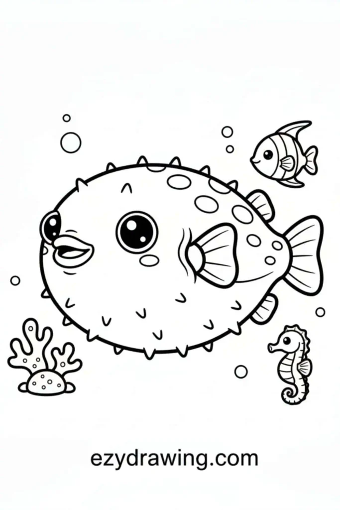 Cute spotted pufferfish with big eyes and tiny spikes, surrounded by a small fish, coral, bubbles, and a seahorse in a simple kids drawing style