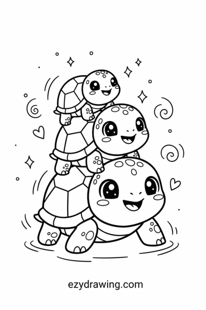 Three cute turtles stacked in a tower with happy faces, hearts, stars, and playful swirls in a kid friendly ezydrawing com outline style