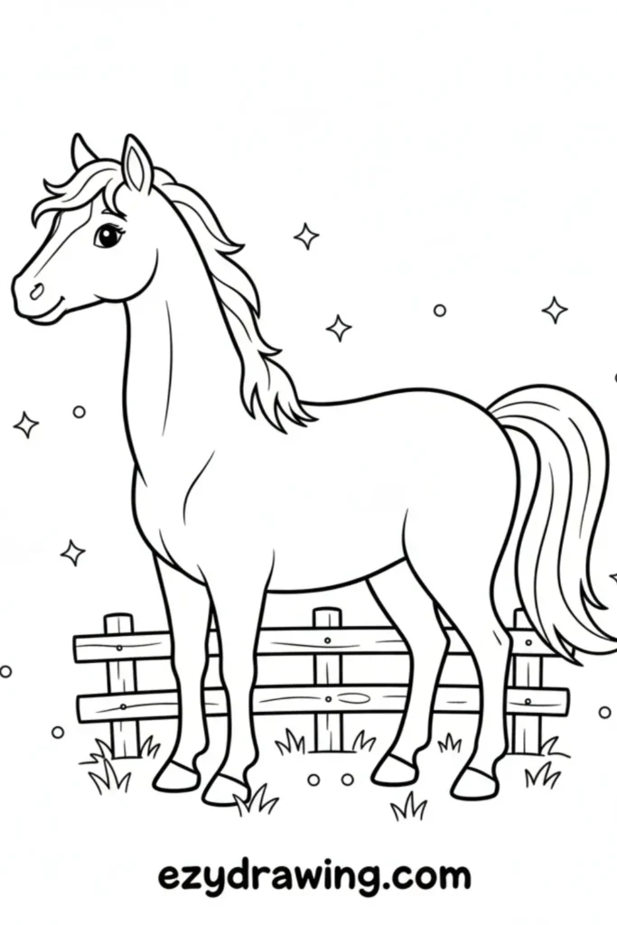 Standing horse outline by a fence with grass and stars drawn for kids for ezydrawing com fun scene in a cute simple style art