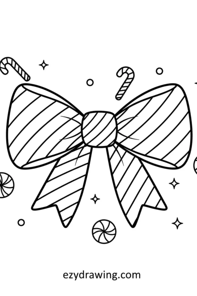 Striped festive bow with long ribbon tails surrounded by candy canes peppermint candies and sparkles in a simple outline style