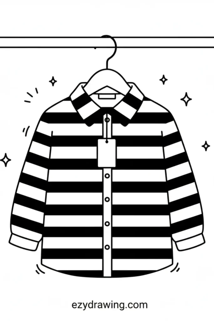 Striped long sleeve shirt on a hanger with buttons and a tag surrounded by sparkles drawn in a clean kid friendly outline style