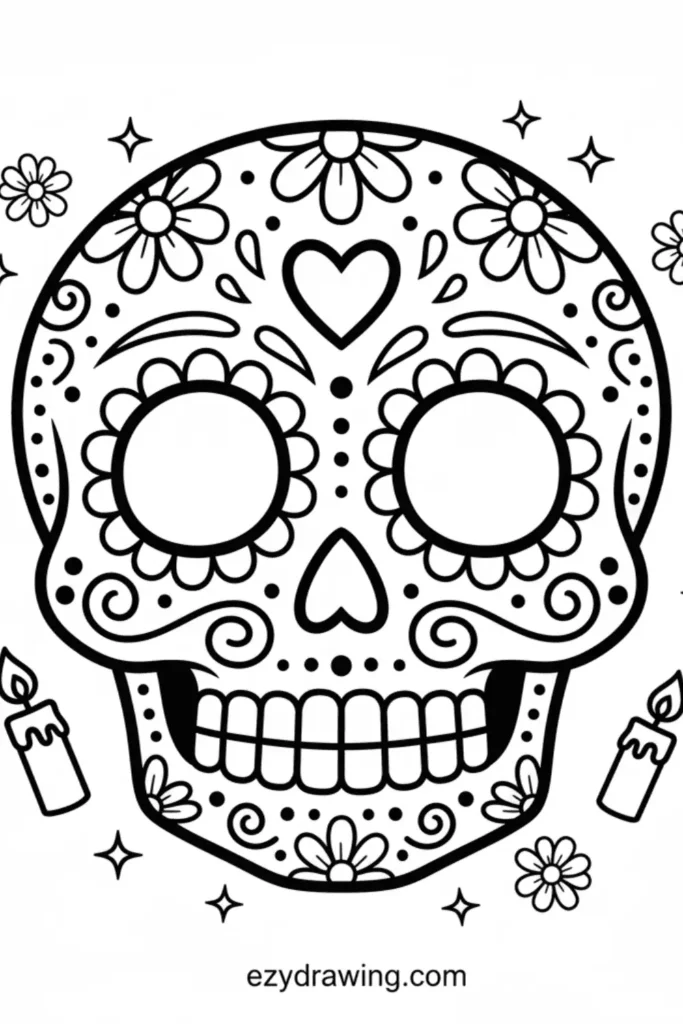 Decorative sugar skull with floral patterns, heart shapes, swirls, and candles, outlined in bold black for a festive Dia de los Muertos style