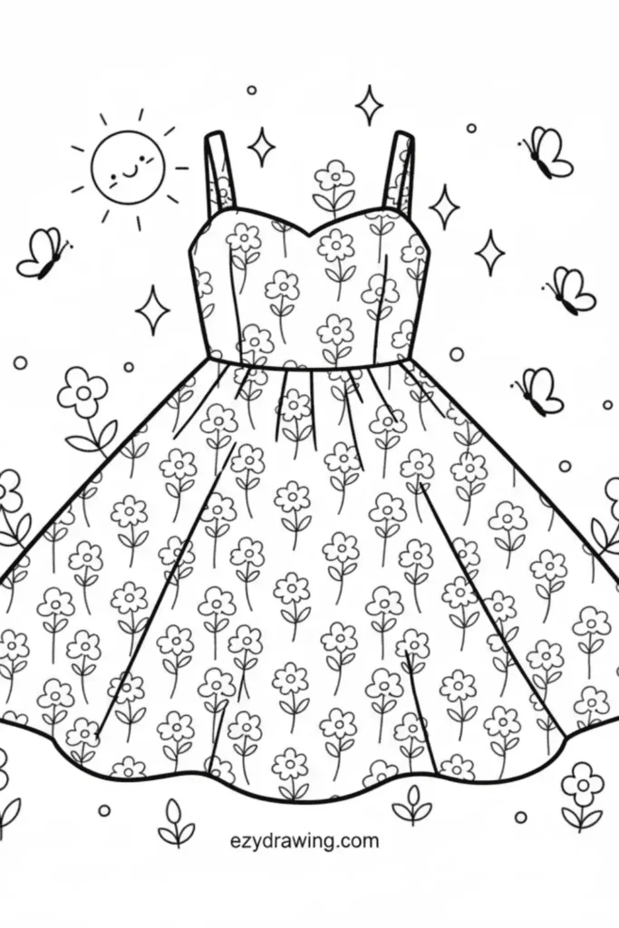 Floral sundress with straps covered in small flowers surrounded by butterflies sparkles and a cute sun drawn in a simple kid friendly outline style