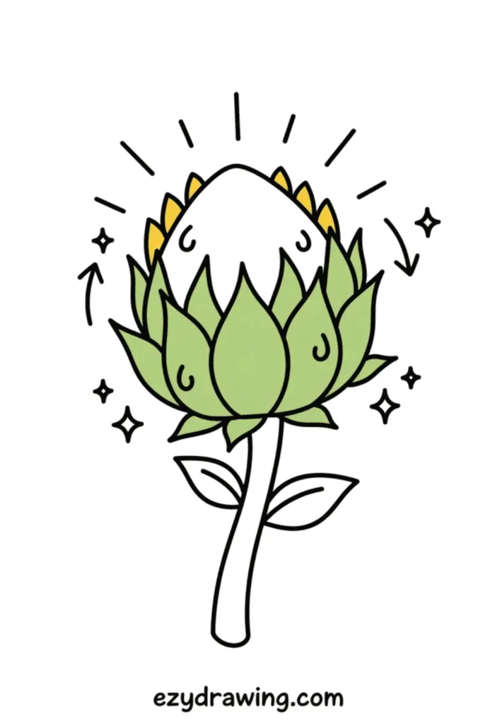 Sunflower bud with layered green petals, tiny yellow tips and simple stem, surrounded by sparkles and arrows in a cute kid friendly style