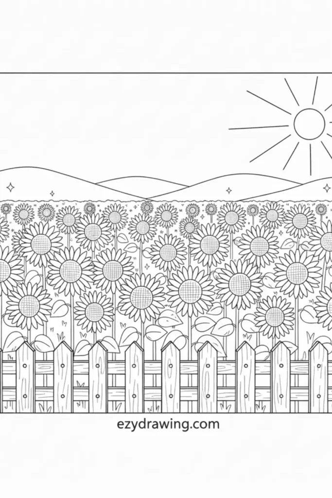Sunflower field behind a wooden fence with many blooms, rolling hills and a shining sun in the background drawn in clean simple line art