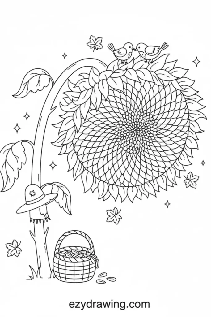 Large mature sunflower head with detailed seeds, curved stem, leaves, birds, falling leaves and basket of seeds in clean line art