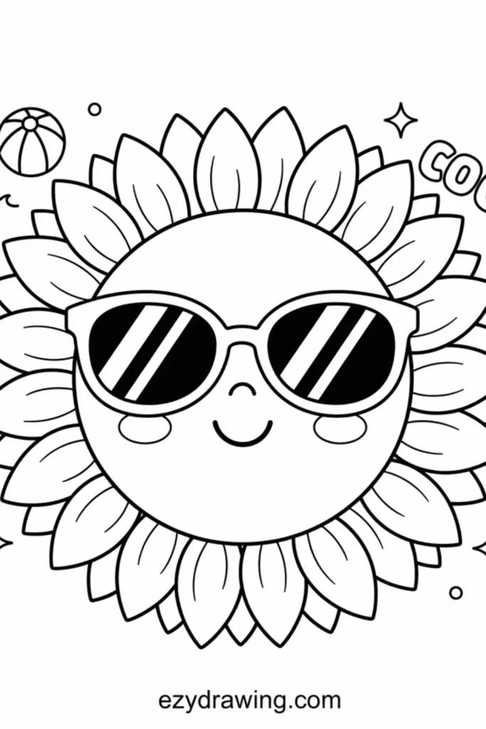Sunflower with layered petals and a cute smiling face wearing big sunglasses, surrounded by sparkles and summer elements in line art
