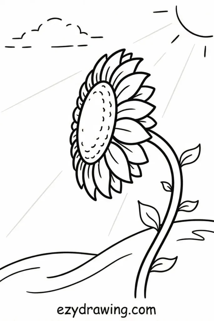 Side view sunflower with curved stem, layered petals, simple leaves, sunshine lines and clouds, drawn in clean black outline for kids