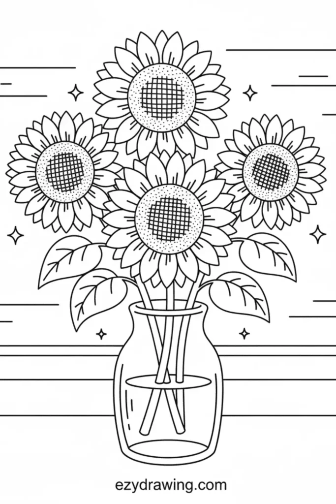 Sunflower bouquet with five blooms and large leaves arranged in a glass vase, drawn in clean line art with simple sparkles around