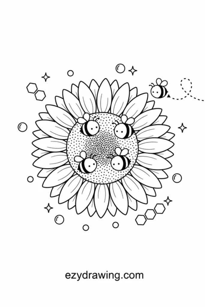 Sunflower with dotted center and cute bees gathering around it, surrounded by bubbles, sparkles and honeycomb shapes in simple line art