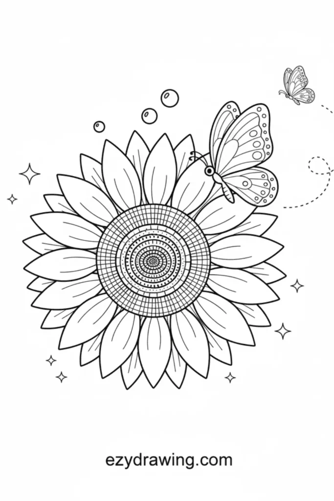 Sunflower with wide petals and simple leaves as a butterfly lands gently on top, surrounded by tiny sparkles in cute kid friendly line art