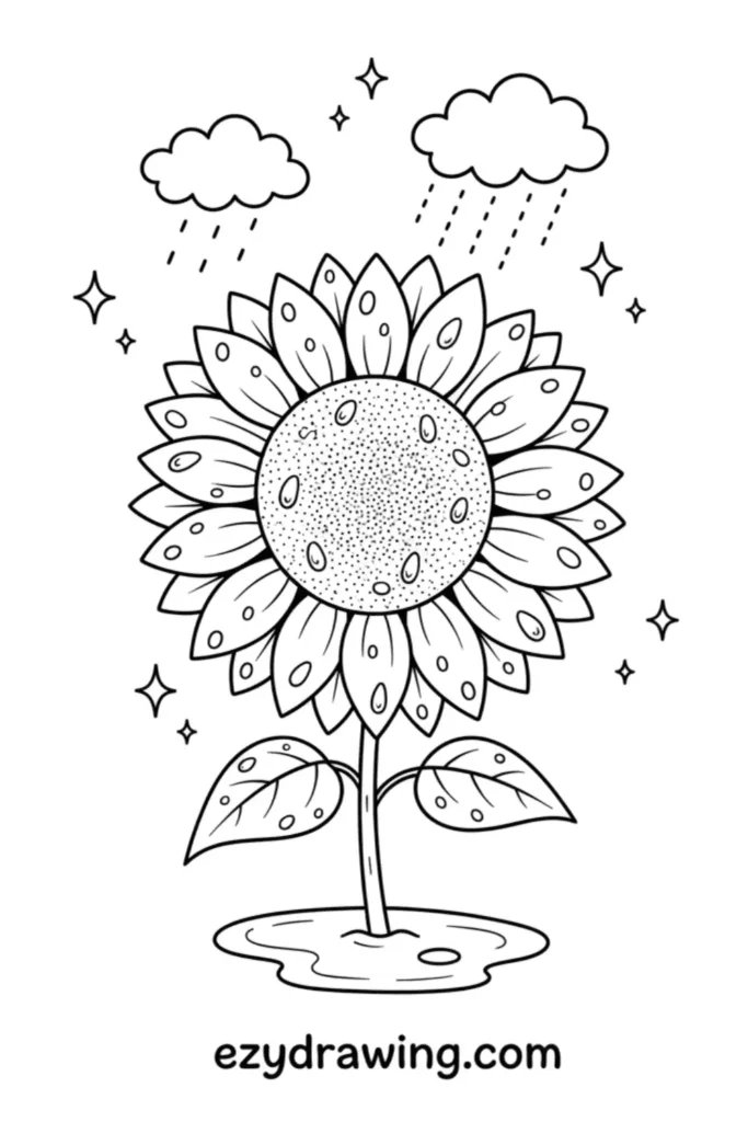 Sunflower with raindrops on petals and leaves as small clouds rain above, standing in a puddle with sparkles around in line art.