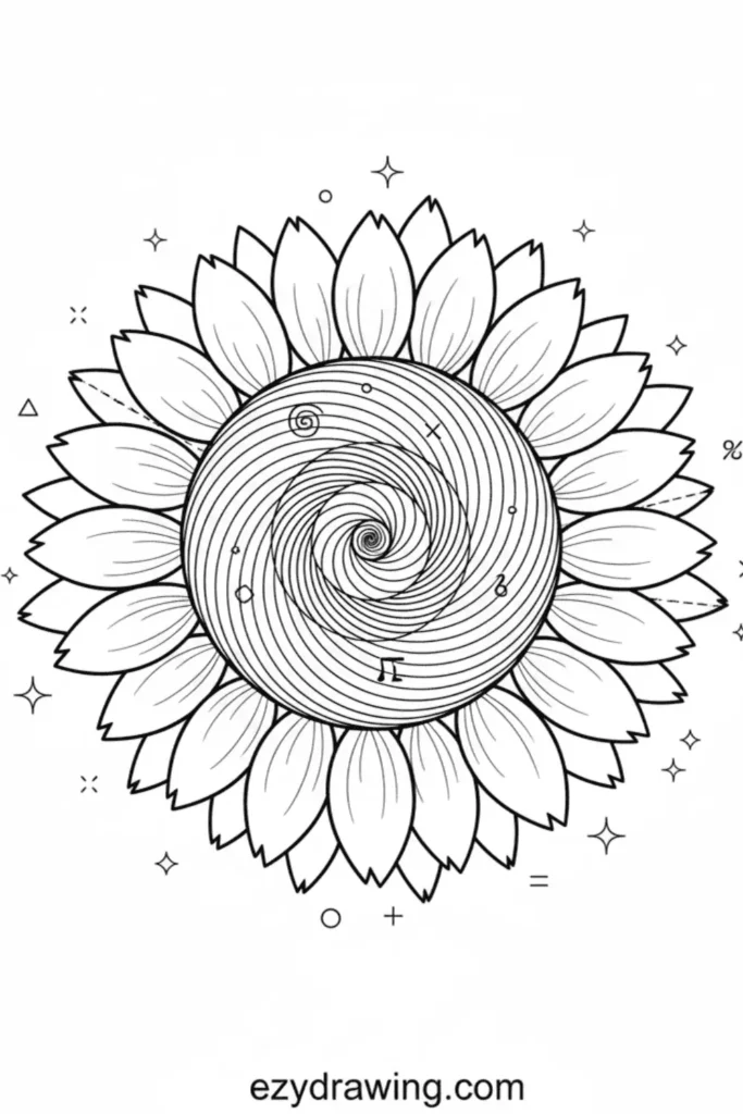 Sunflower with layered petals and a swirling spiral center decorated with tiny symbols and sparkles, drawn in clean simple line art