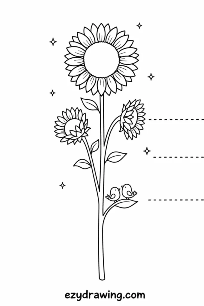 Tall sunflower stem with three blooming flowers, simple leaves, tiny birds on a branch and small sparkles, drawn in clean kid friendly line art