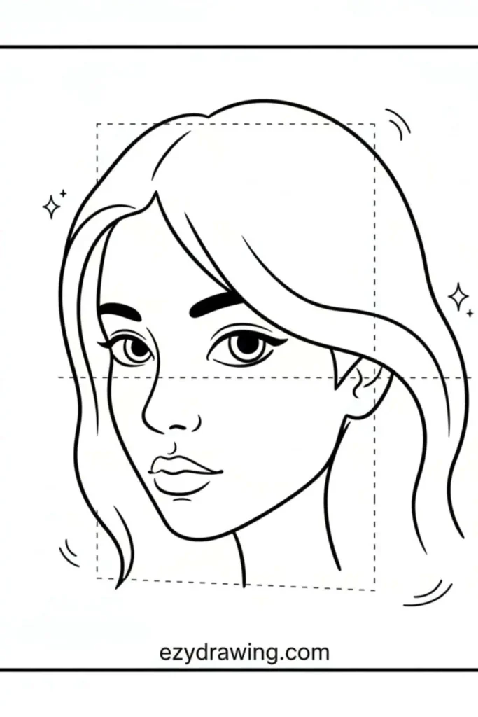 Three quarter view portrait drawing of a girl with long flowing hair, defined eyes and soft features, shown with guide lines and ezydrawing dot com