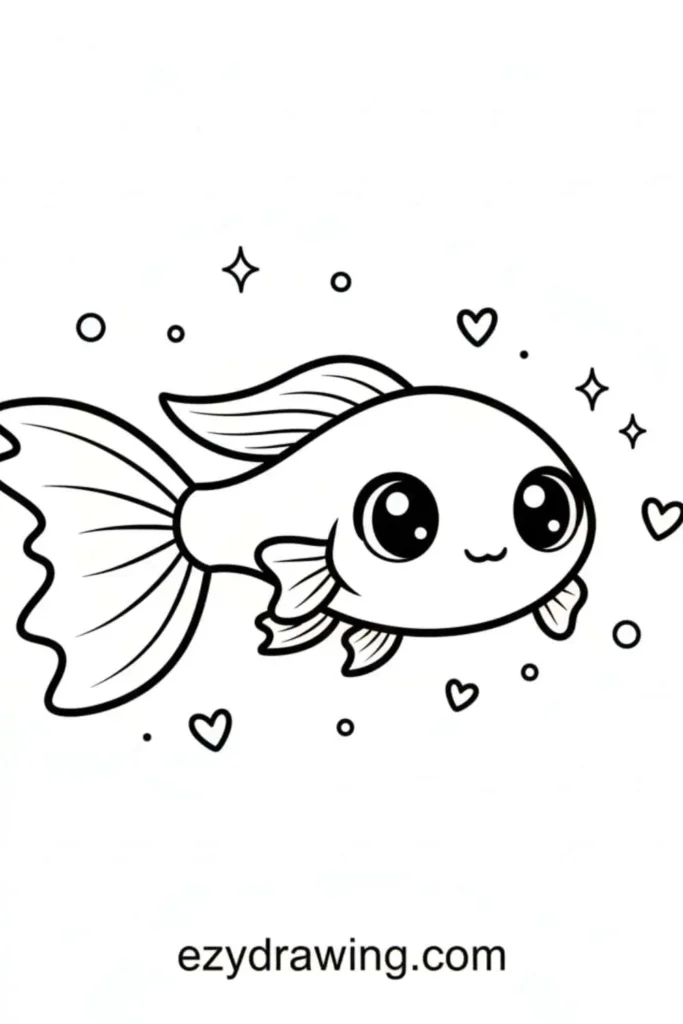 Cute small fish with big shiny eyes, flowing tail, and little hearts and sparkles around it in a simple kids drawing style