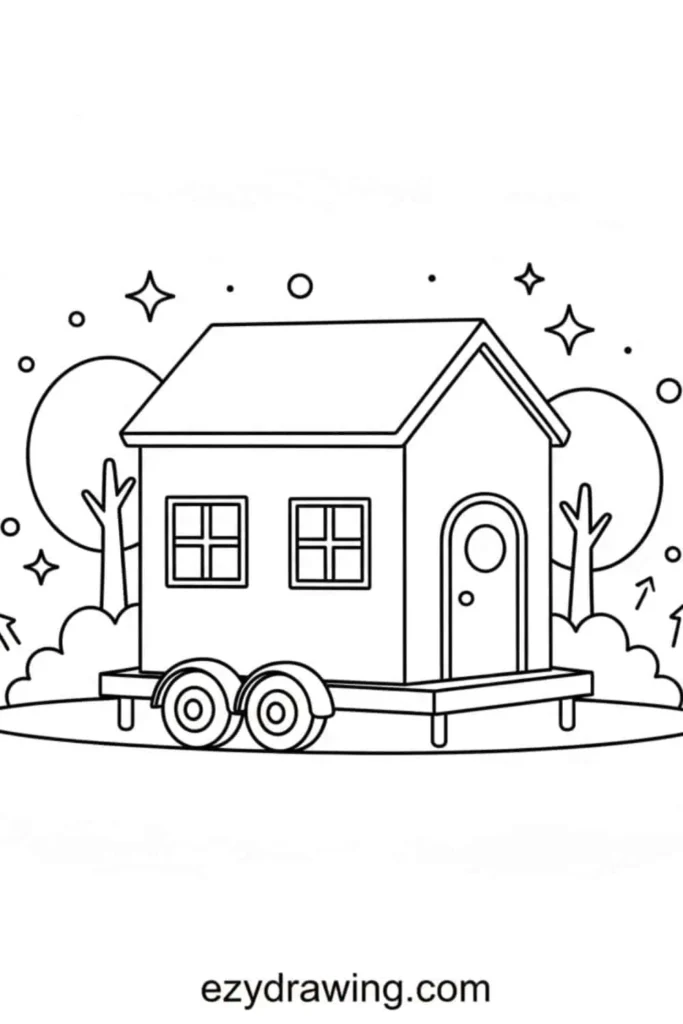 Cute tiny house on wheels with windows, a round door, trees, bushes, and sparkles in a simple outline drawing style