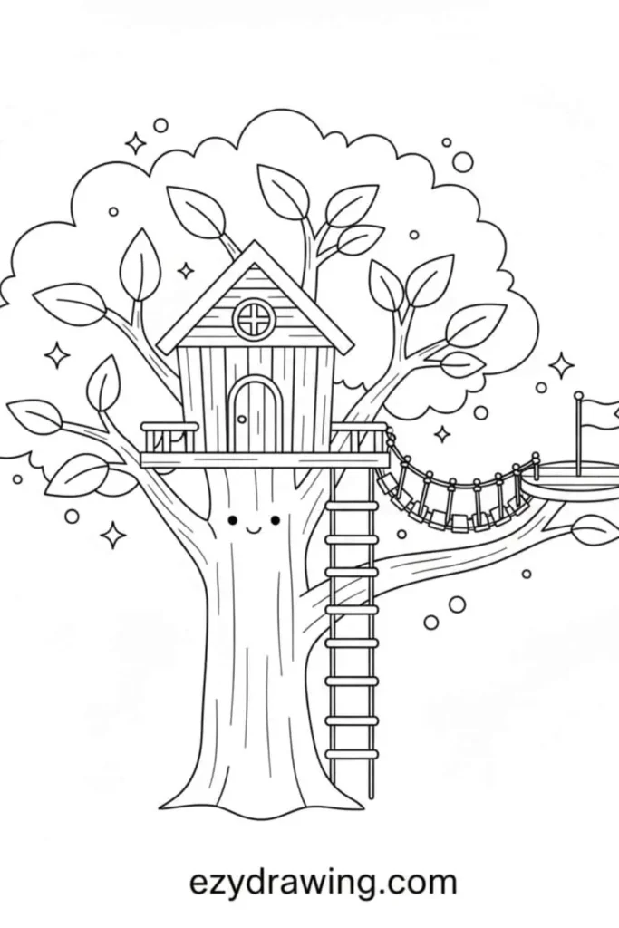 Cute treehouse drawing with a wooden ladder, rope bridge, leafy branches, and a smiling tree trunk in a simple outline style