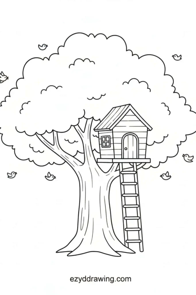 Cute treehouse drawing with a large fluffy tree, a small house on the branches, a ladder, and little birds flying around in a simple kid friendly style