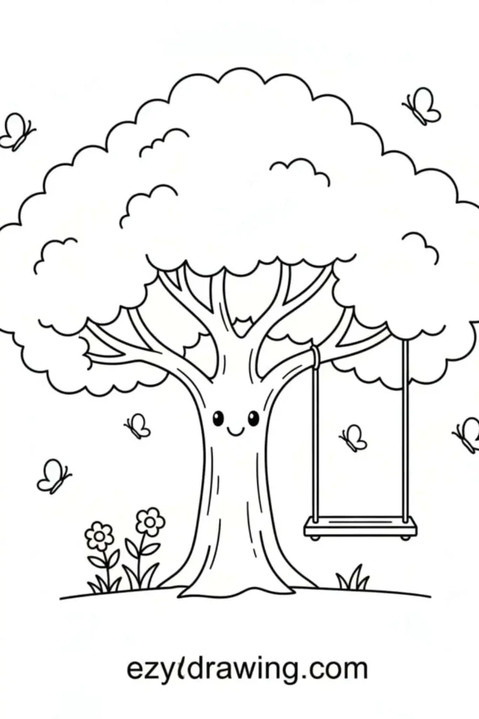 Cute tree with a smiling trunk, fluffy leaves, a hanging swing, butterflies flying around, and small flowers at the base in a simple kid friendly style