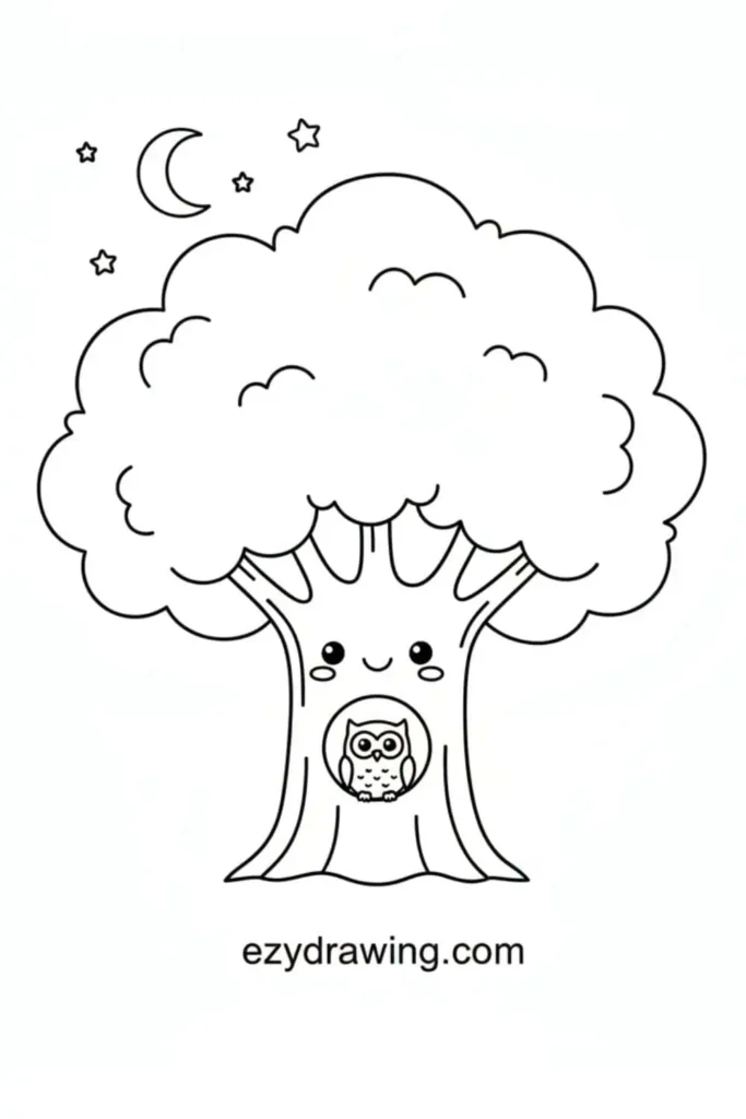 Cute tree with a fluffy top, smiling face, and a little owl sitting inside the trunk hollow under a night sky with stars and a moon