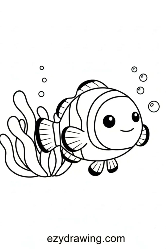 Cute clownfish with round eyes swimming near wavy sea plants and bubbles in a simple kids drawing style.