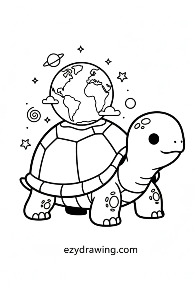 Cute turtle carrying a small earth on its shell with stars, planets, clouds, and simple doodles in a kid friendly ezydrawing com style