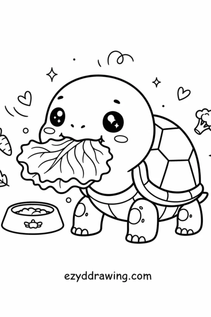 Cute turtle eating a large leaf of lettuce with a food bowl, veggies, hearts, and sparkles in a kid friendly ezydrawing com outline style