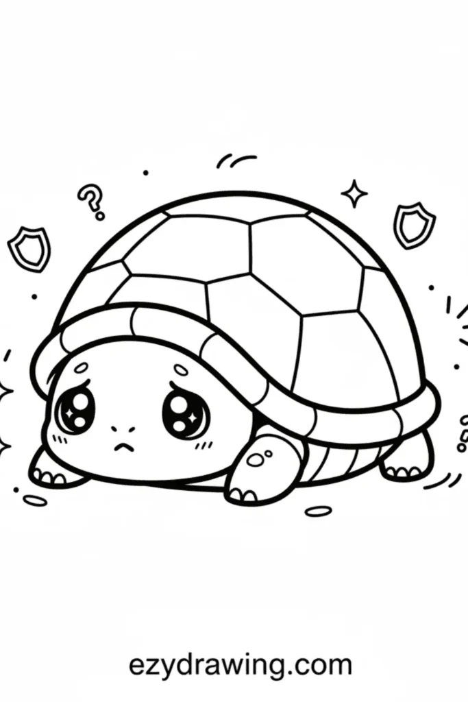 Shy turtle hiding in its shell with teary eyes, shields, sparkles, and simple cute decorations in a kid friendly ezydrawing com outline style