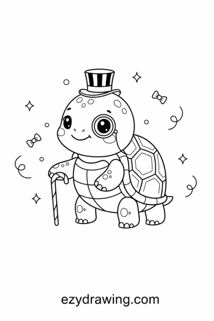 Cute turtle wearing a tiny striped hat and holding a cane with bow ties, sparkles, and swirls in a playful ezydrawing com outline style