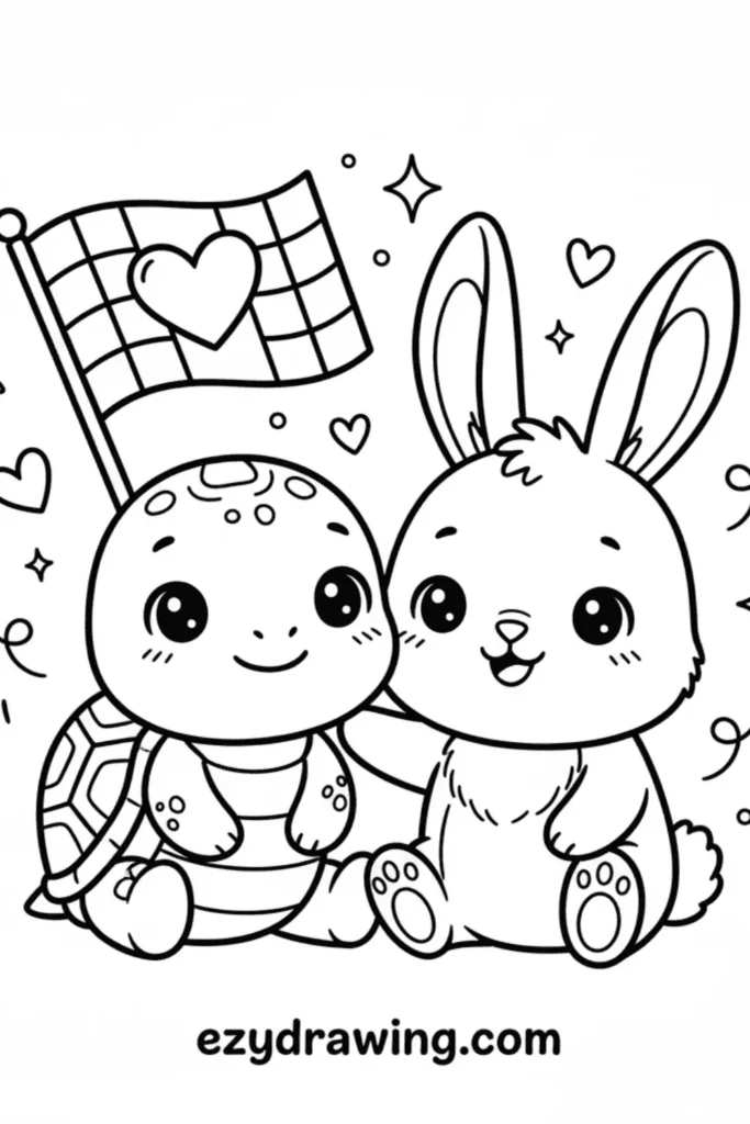 Cute turtle and bunny sitting together with a heart flag, smiling faces, hearts, sparkles, and simple kid friendly ezydrawing com style
